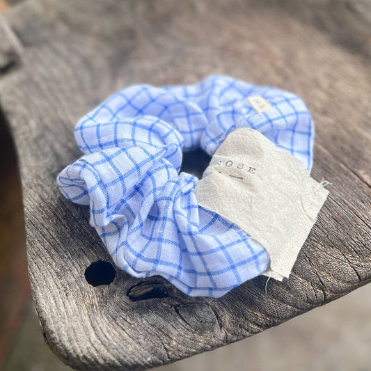 Vanessa Rose Large Hair Scrunchie - Blue Check Linen