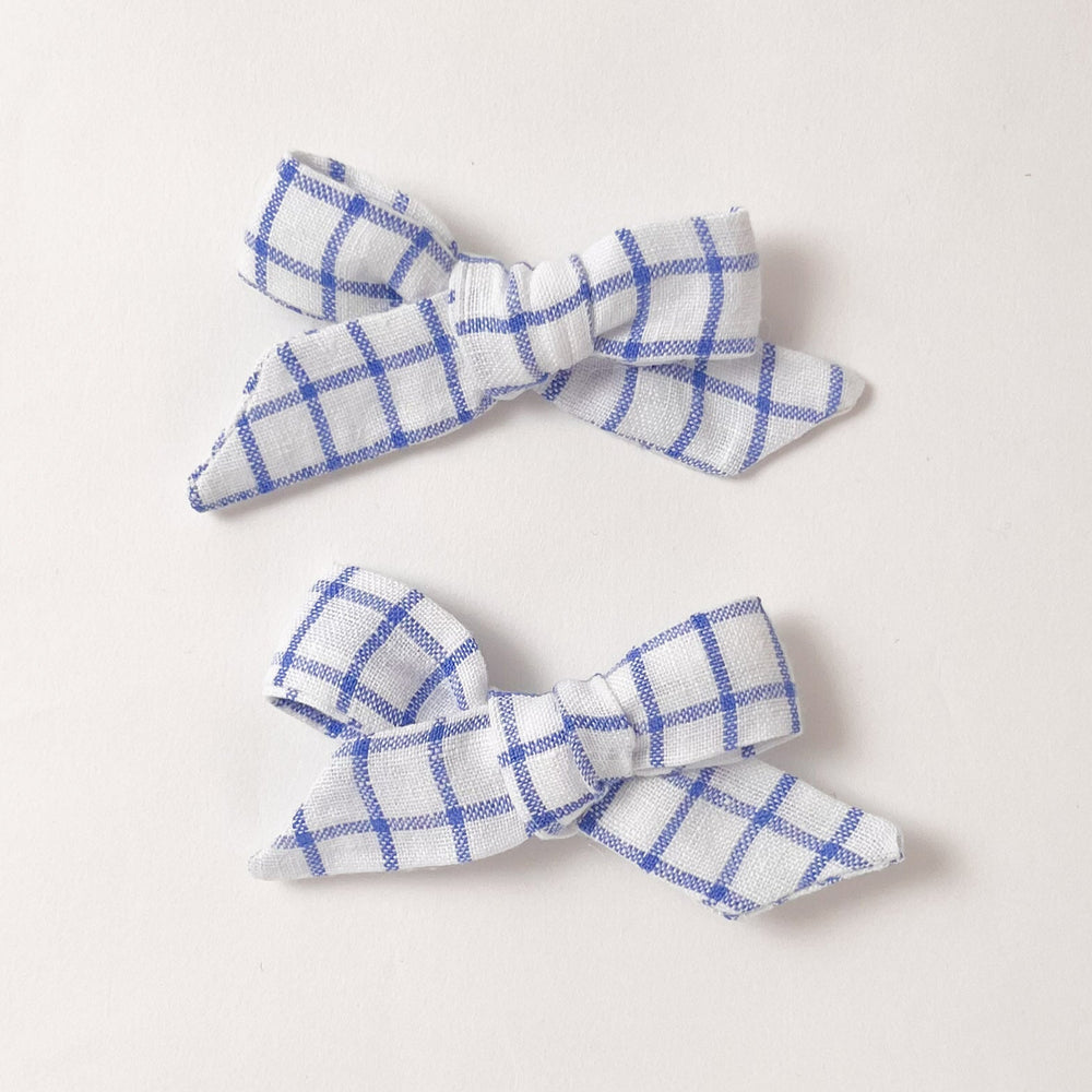 Runaround Retro Pigtail Hair Bows Clips - Blue Check Linen