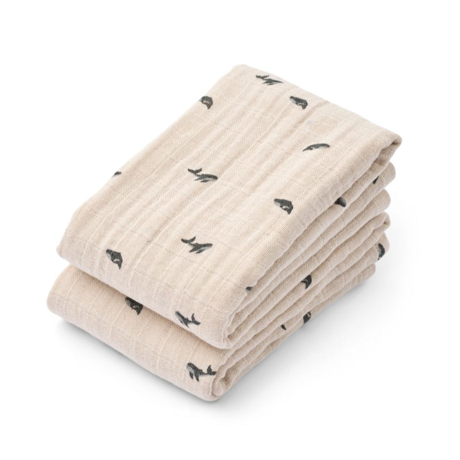 Liewood 2 Pack Muslin Cloths - Mini Whale / Sandy