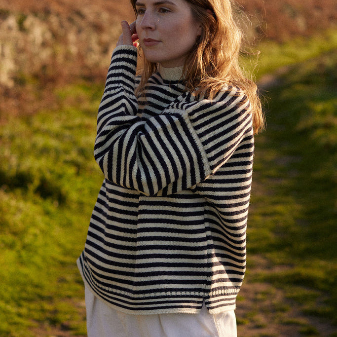 Le Tricoteur Adults Aran/Navy Stripe Cropped Guernsey Jumper