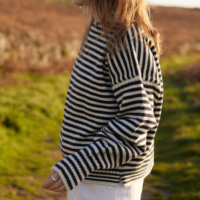 
                  
                    Le Tricoteur Adults Aran/Navy Stripe Cropped Guernsey Jumper
                  
                