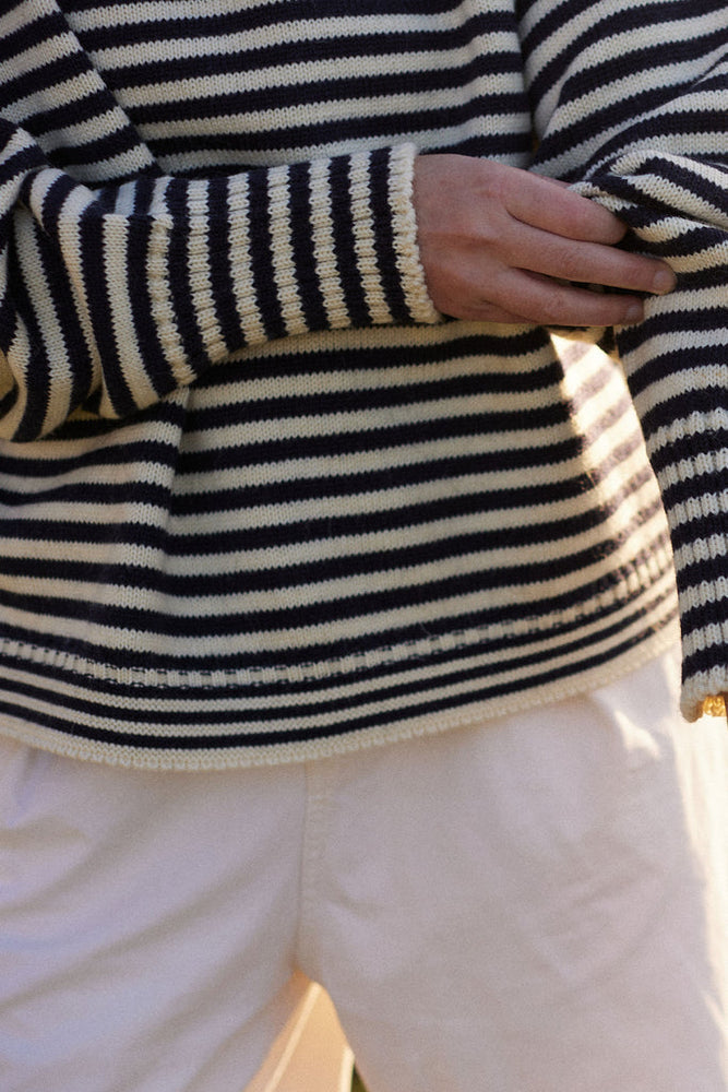 
                  
                    Le Tricoteur Adults Aran/Navy Stripe Cropped Guernsey Jumper
                  
                