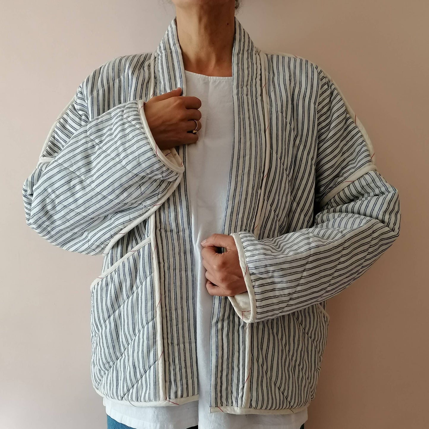 Cotton Conscious Women's Quilted Kimono Jacket - Handwoven Ticking