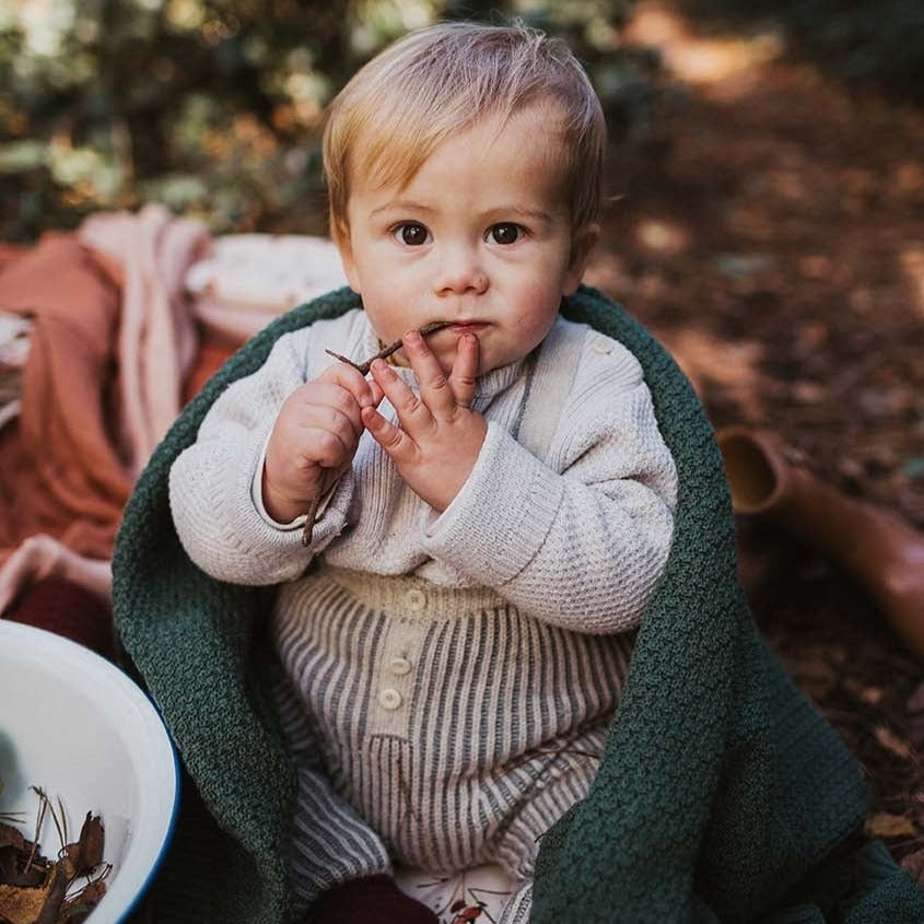 Avery Row Plait Knit Baby Blanket - Pine Green