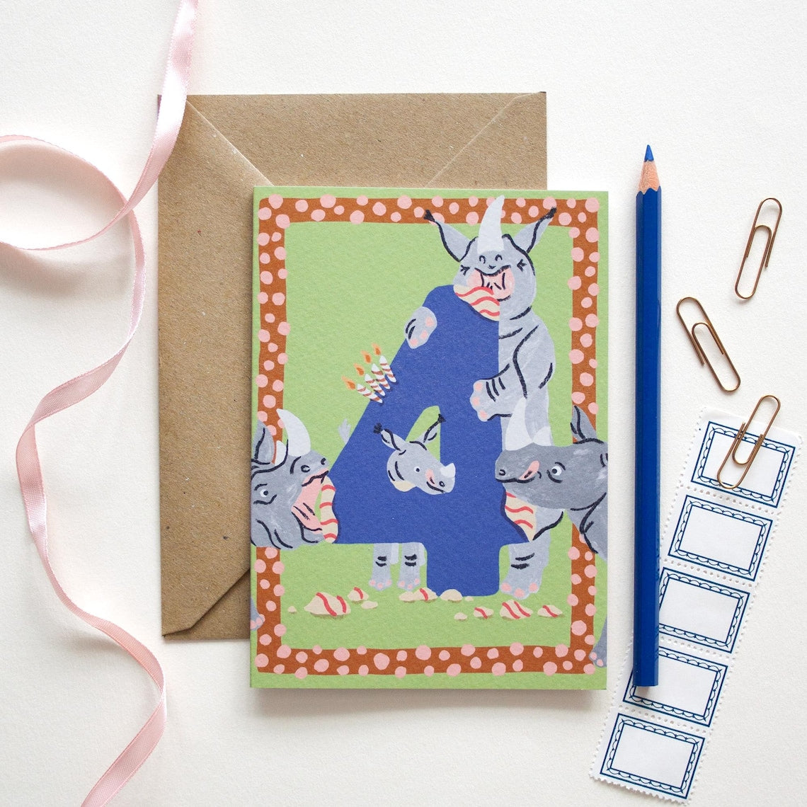 Little Em Emma Alviti Four Today Rhino Birthday Card