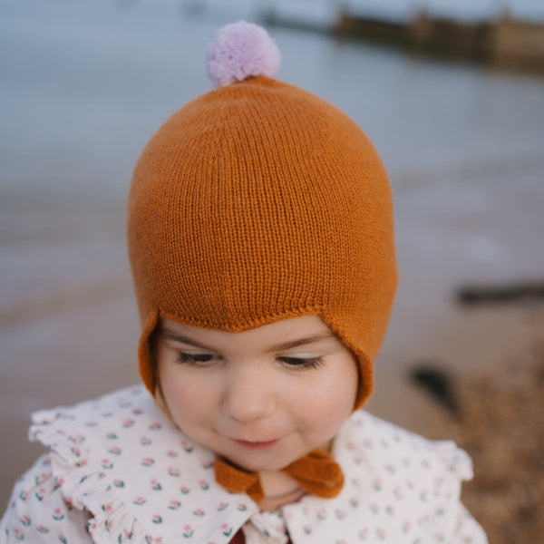 Rosie Sugden Cashmere Baby Bonnet - Ginger / Lupin Pom-Pom