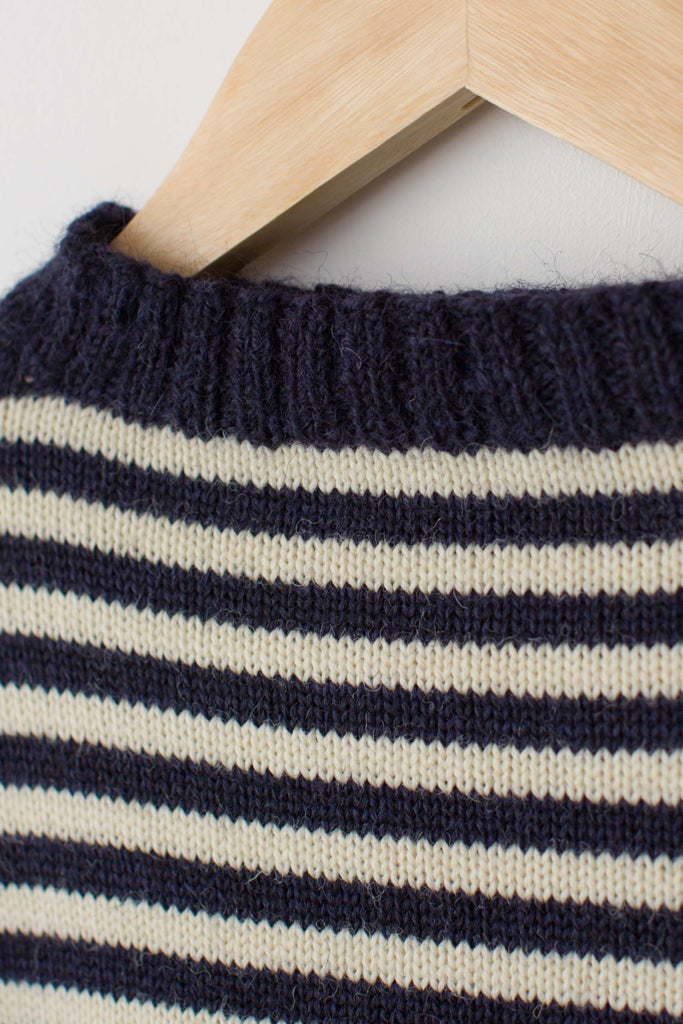 Le Tricoteur Adults Navy & Cream Striped Rocquaine Guernsey Jumper