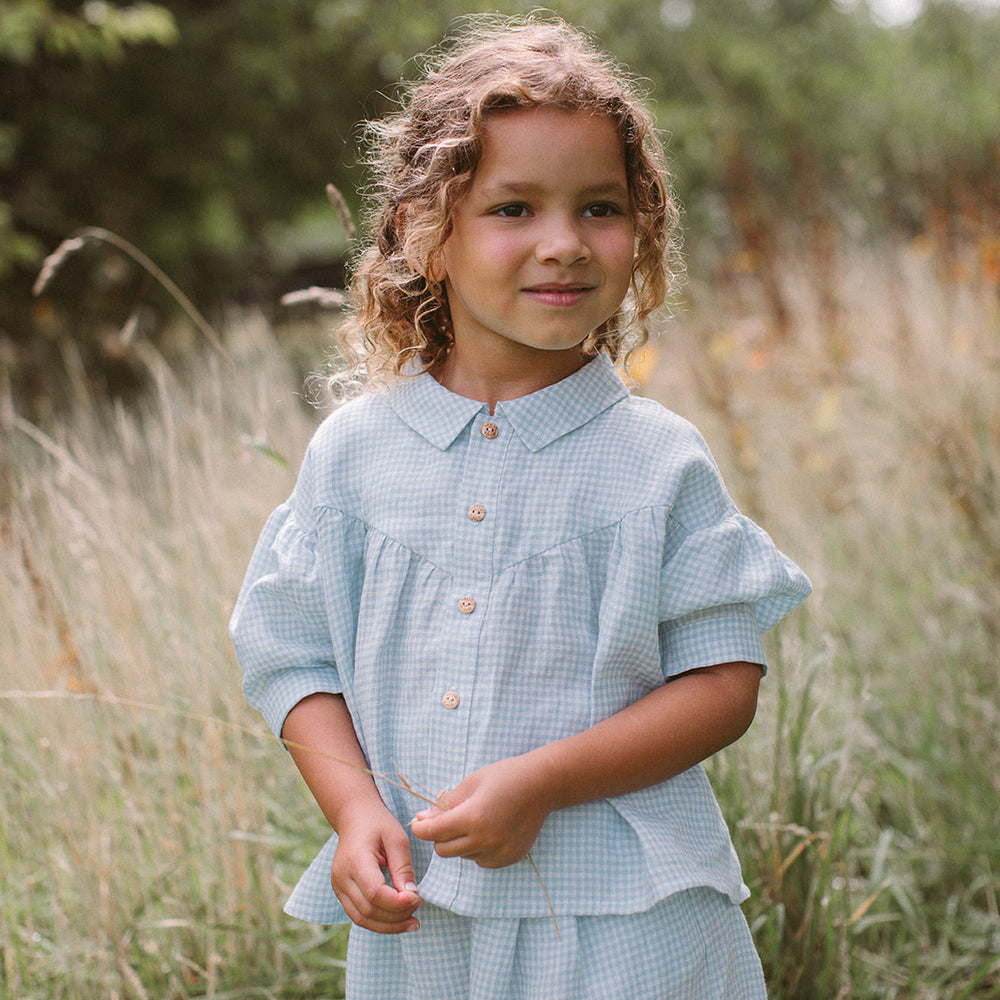 Nellie Quats Duck Duck Goose Blouse - Baby Blue & Milk Mini Check Linen