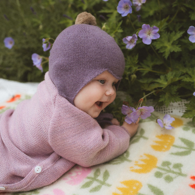 Rosie Sugden Cashmere Baby Bonnet - Purple Rain / Stoneage Pom-Pom