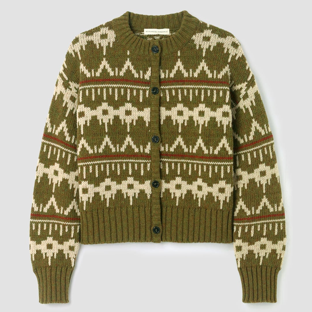 Beaumont Organic Women's Sugi-Sue Recycled Wool Knitted Cardigan - Olive Marl Fairisle
