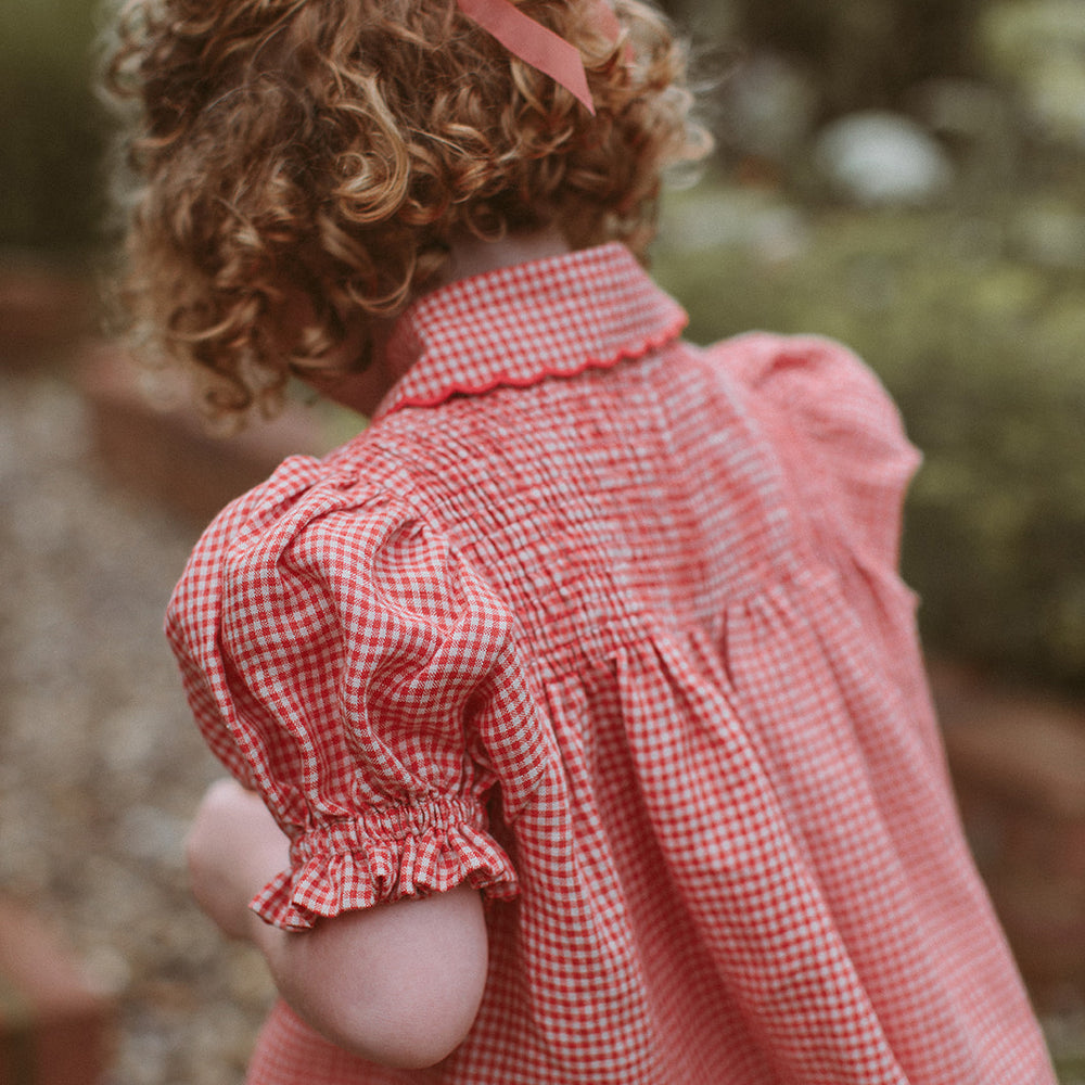 
                      
                        Nellie Quats Marco Polo Dress - Strawberry & Oat Mini Check Linen
                      
                    