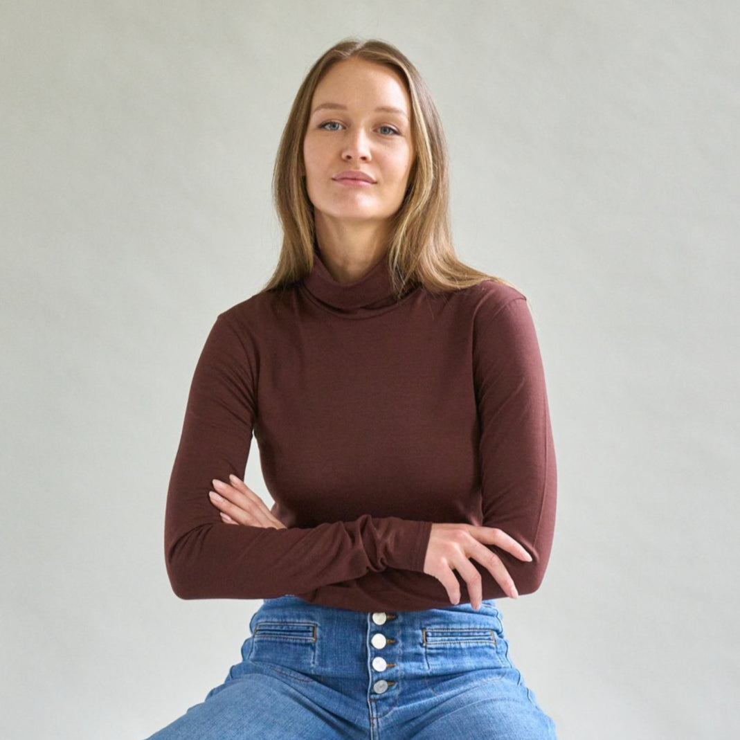 Smalls Women's Merino Polo Neck, Chocolate Brown