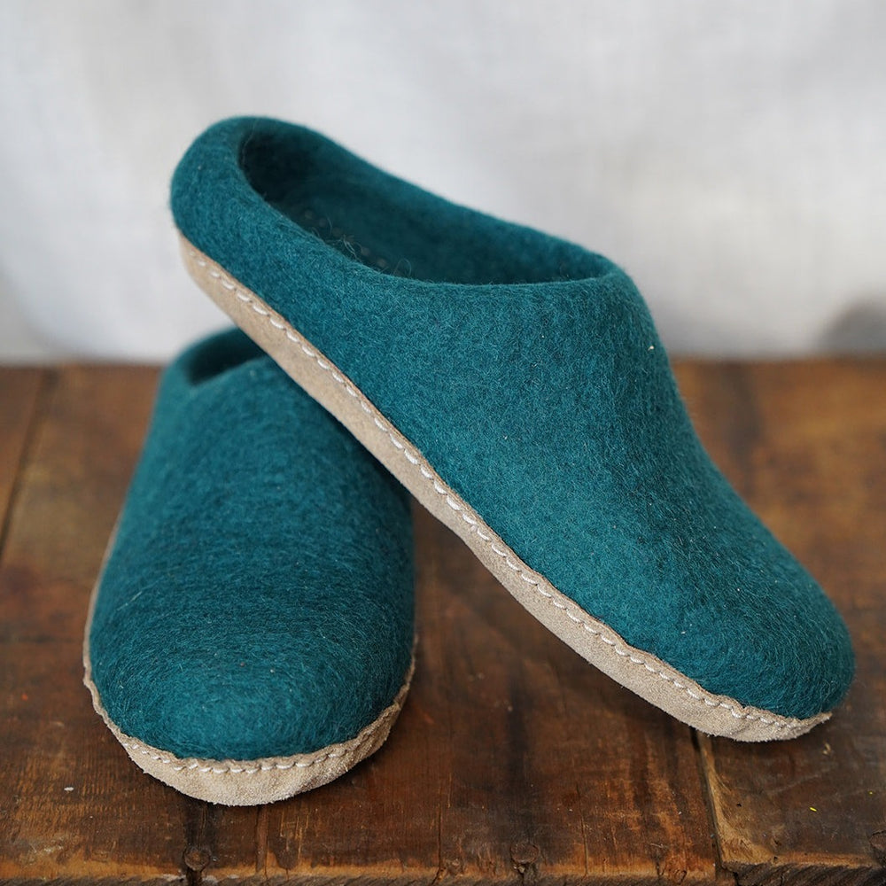 FOLKIT Women's Fairtrade Felt Wool Mule Slippers - Ocean