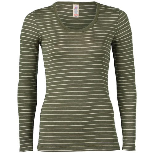 Engel Natur Women's Merino Wool/Silk Long Sleeve Top - Olive Stripe