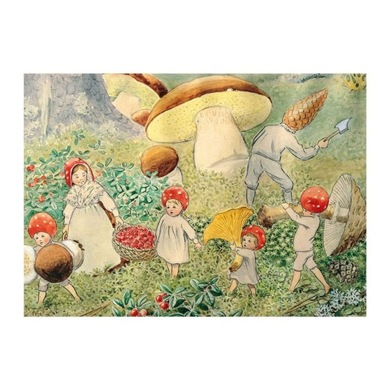 Elsa Beskow Postcard, Children of the Forest Harvesting Mushrooms